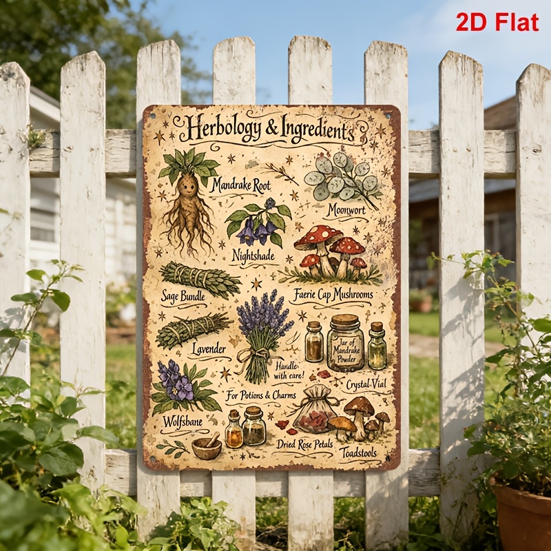 TEMU 2d Flat, 2d Flat Plaque, 1pc 2d Flat Wooden Plaque, Printed Decorative Sign, Herbalism And Ingredients: Mandrake Root, Evening , , Fly Mushroom,