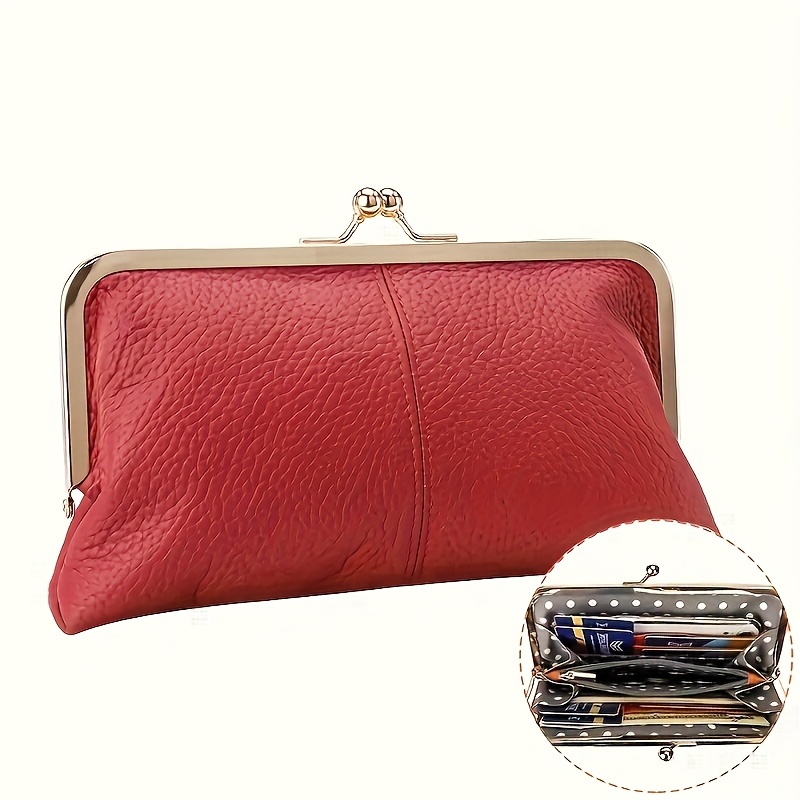 

Vintage-style Genuine Leather Wallet – Red Textured Clutch Bag With Golden-tone Kiss Lock, Compact Card Holder For Use