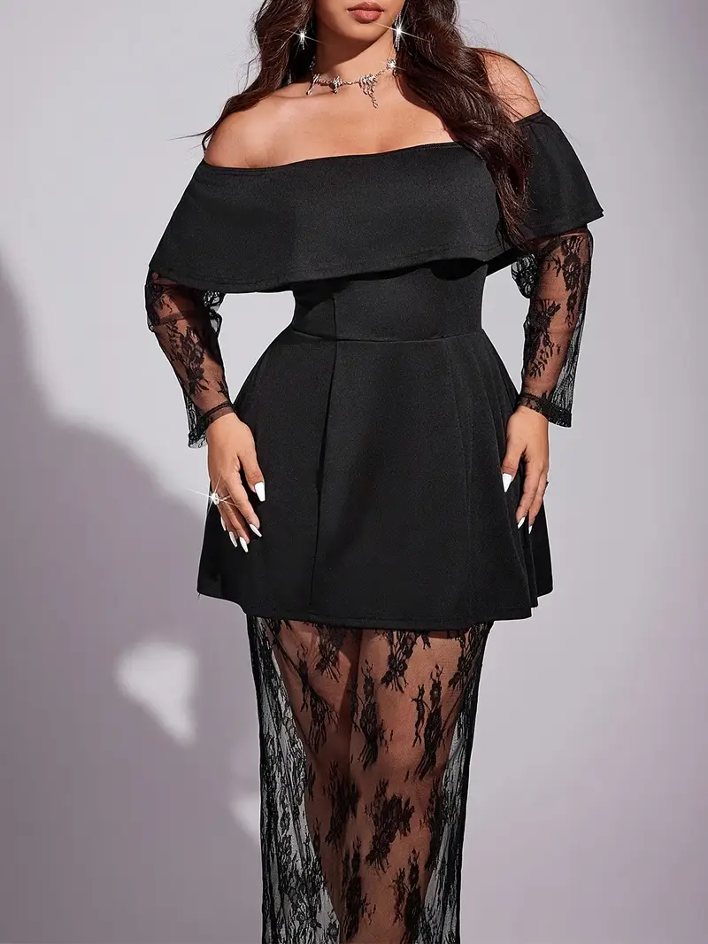 black lace off the shoulder plus size dress Plus Size - Special Occasion Black Lace Off Shoulder Gown