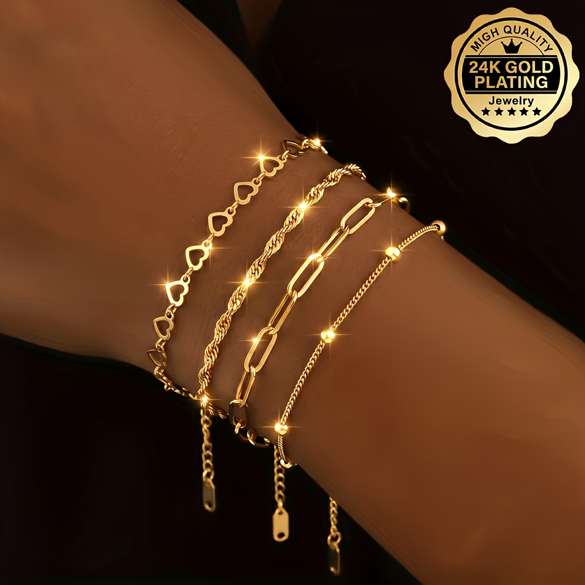 Women's 24k Golden Plated Bracelet Set - 4pcs Set, Elegant Luxury Women's Jewelry Set, Daily Outfit And Gifts, Punk Style Jewelry Collection, Party Halloween Gifts