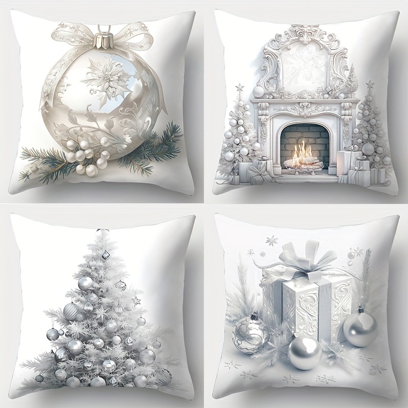 

4-pack Contemporary Christmas Throw Pillow Covers With Zipper Closure, Polyester, Woven, Hand Wash – Holiday With Trees, Ornaments, Fireplace – Cozy Decor For Living Room