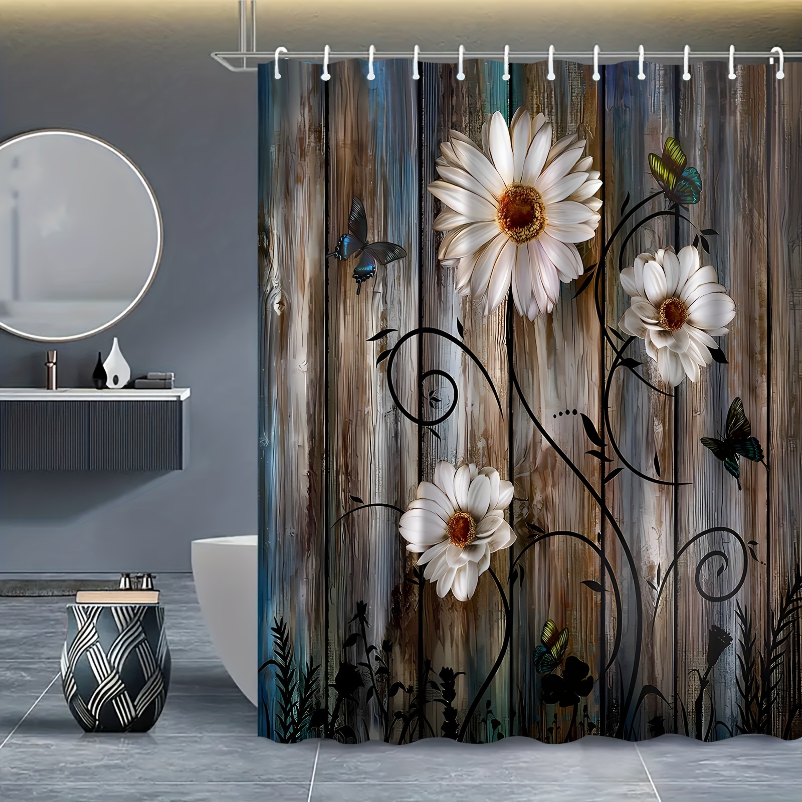 

Water-resistant Polyester Shower Curtain With Daisy And Butterfly Print, Machine Washable Bathroom Decor With 12 Hooks, Floral Knit Fabric Bath Partition For Home Decor