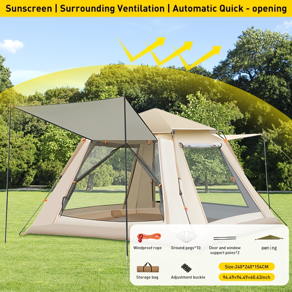 Image of 1 Unit Of A Portable Double-door Tent That Sets Up Automatically With Dual Windows, Designed For Camping And Accommodating 3-, Ideal For Family , Outdoor Overnight Stays, And Sun Protection