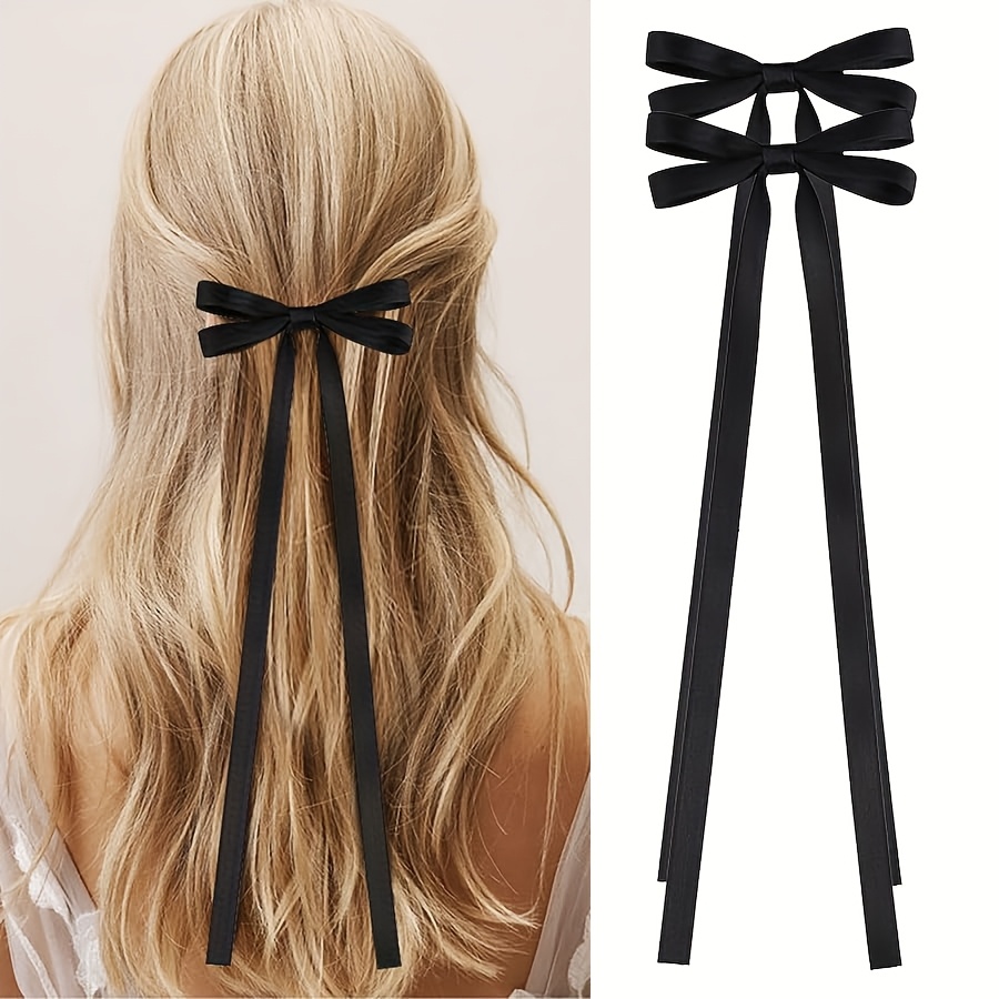 2pcs Long Ribbon Bow Hair Clips for Women, Elegant Barrettes