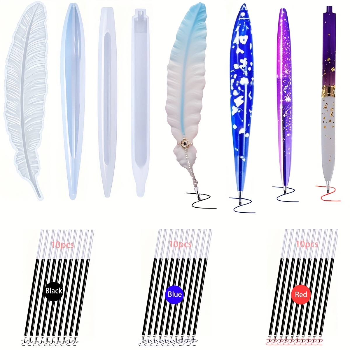 TEMU 34 Kawaii Creative Epoxy Resin Casting Molds Pen Shape Resin Molds, Including 1 Feather Shape Epoxy Resin Casting Molds Pen Shape Resin Molds, 3