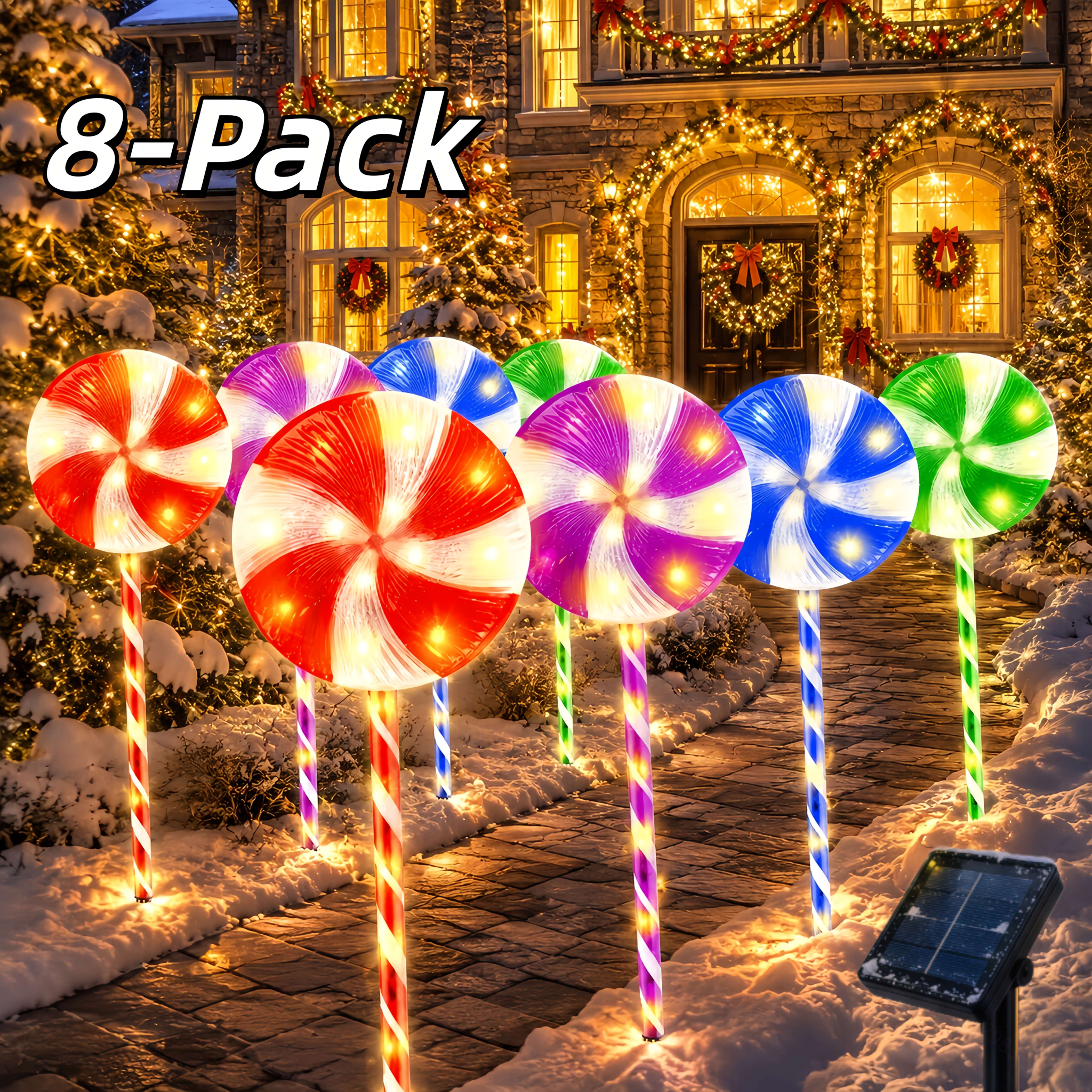 TEMU 8pcs Solar Powered Led Garden Lights, Cane Lollipop , Auto , Adjustable Brightness - Waterproof 8 Flashing , Outdoor Decoration, Halloween,