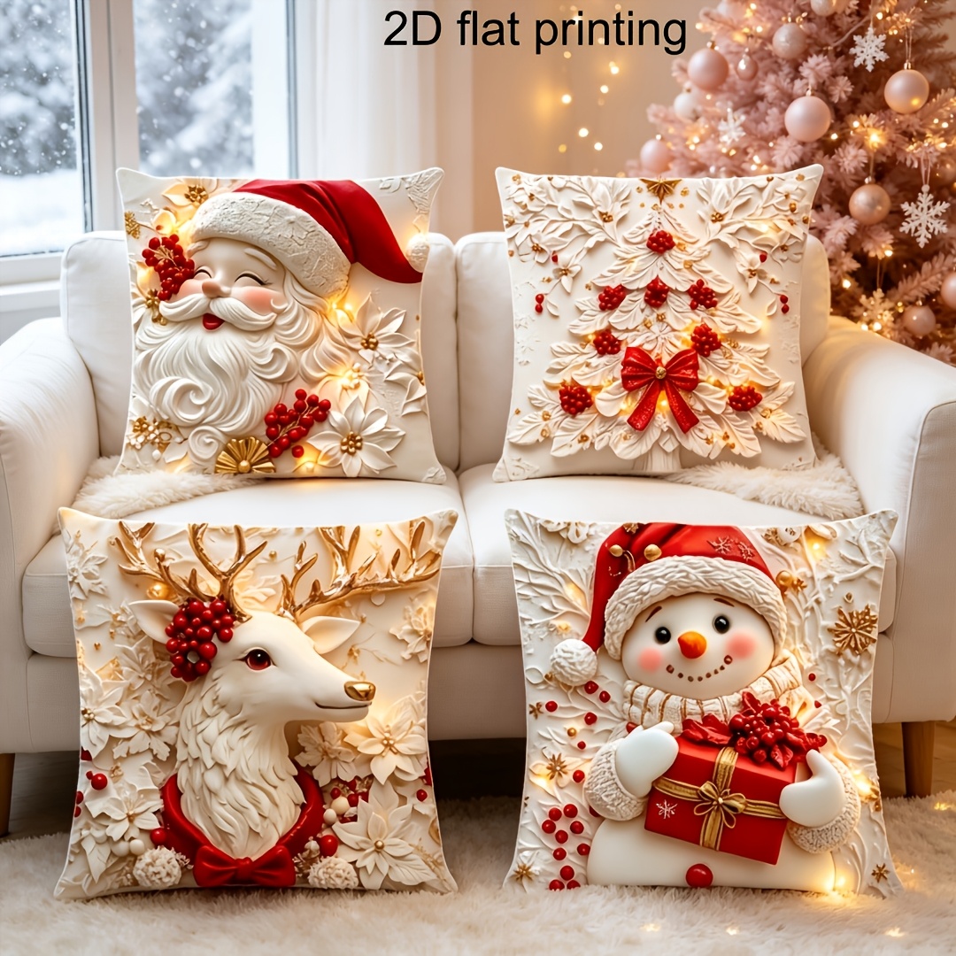 TEMU Ensemble de 4 taies d'oreiller de Noël charmantes, douces et confortables, impression plate 2D de Père Noël et de , taies d'oreiller décoratives