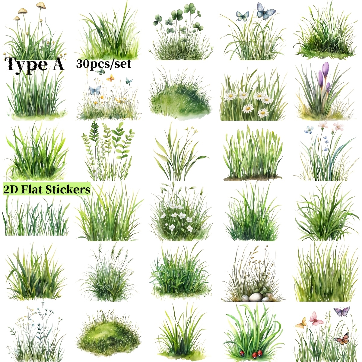 2d Flat Stickers 30pcs/set Creative Handmade Retro Watercolor Grass Stickers Suitable For Garbage Diary Notebook Decoration Hand Account Gift Decoration