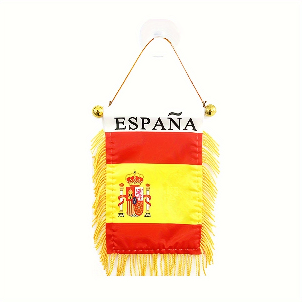 Image of Spanish Flag Mini Banner - 3x4 Inch Double-sided Hanging Flag With Tassels, Suction Cup For Car Mirror & Window Decor, Perfect For Room Decor