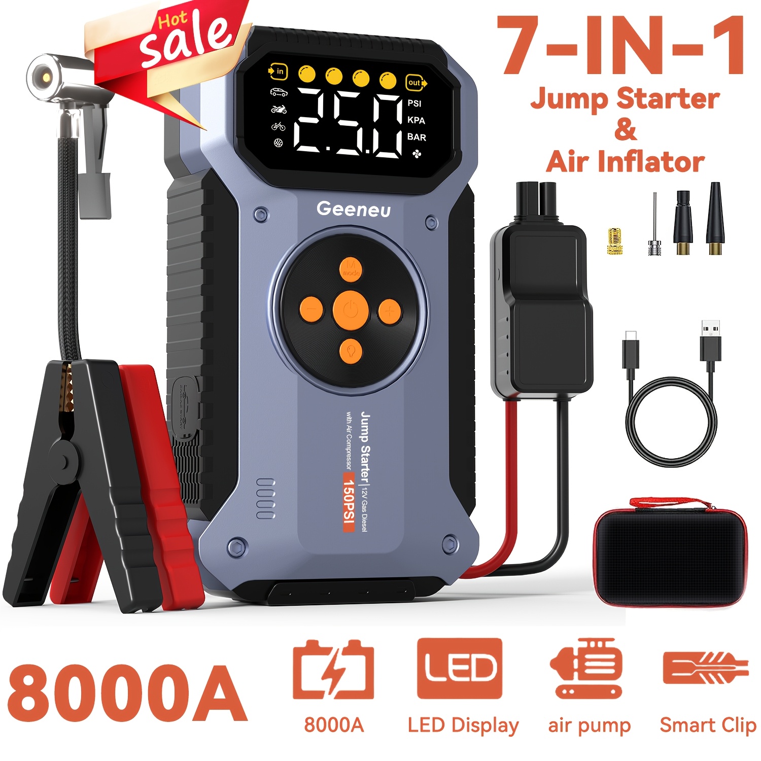 8000a Heavy-duty Jump Starter With Air Compressor - Portable 12v Lithium Battery Jump Pack With 150psi Tire Inflator, All Gas/12l , Led Light And Usb Charging Port - Compact And For Emergency
