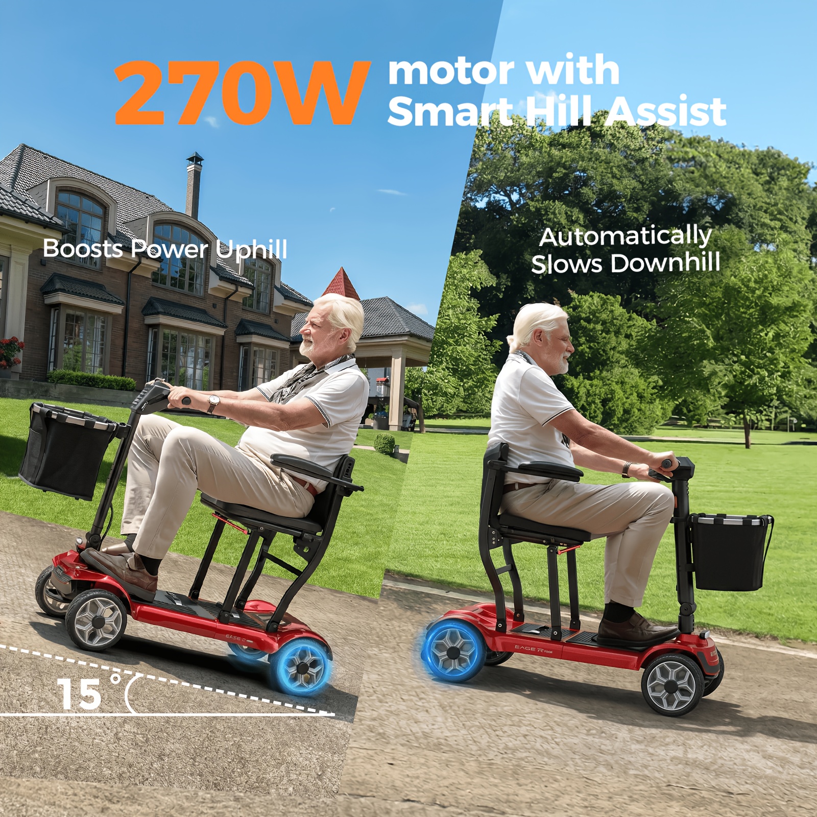 foldable 4-wheel mobility scooter for seniors, 270w, 24v 10ah battery (single/double options), adjustable seat & handlebars, basket, 8 tires, 256lbs capacity, 28.9 kg,   rides, great gift for valentine s day Product details 0