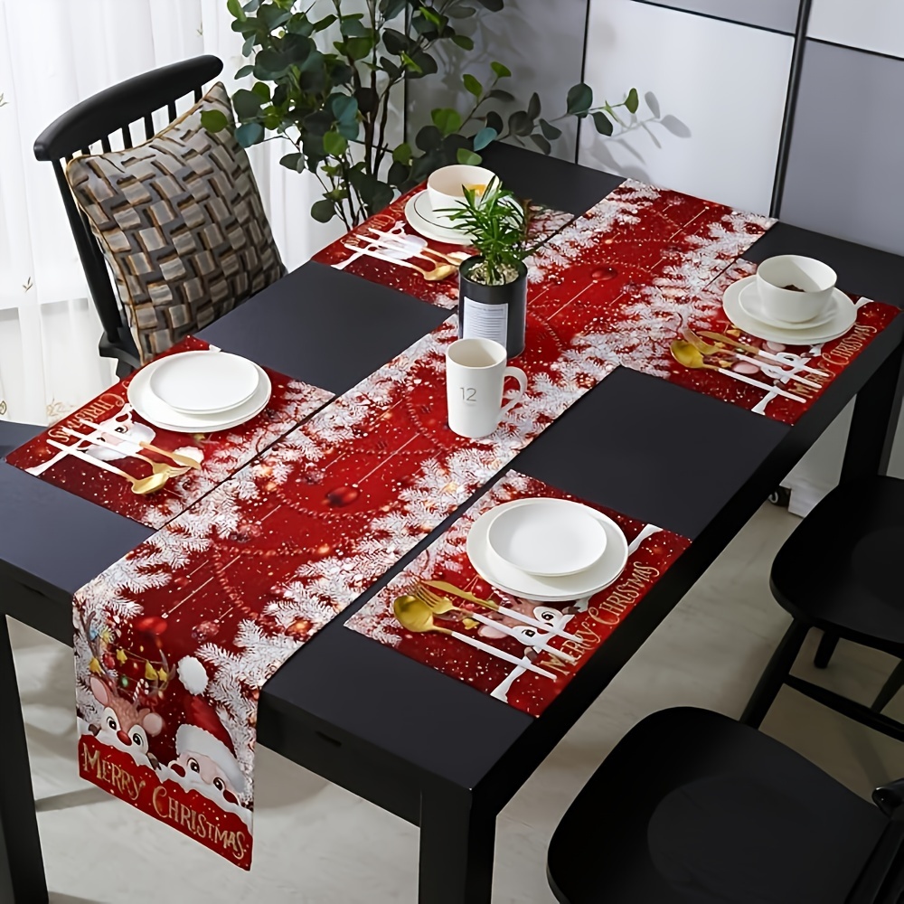 Merry Christmas Table Runner - Santa, Reindeer & Lanterns Design | Polyester, Rectangular | Perfect For Holiday Dining & Party Decor