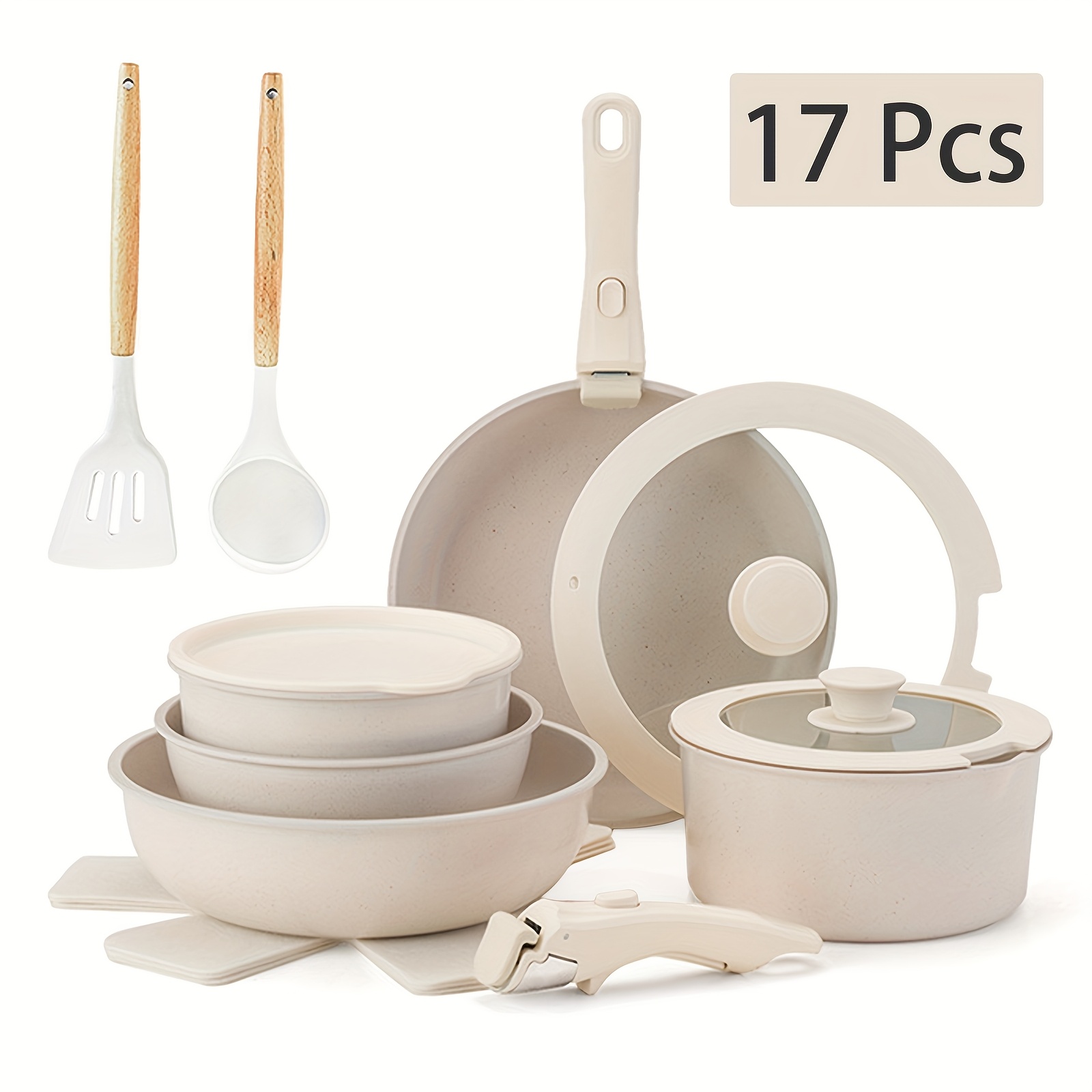 TEMU 17pcs/12pcs Pots And Pan Set, Nonstick Induction Cookware, Removable Handle Kitchen Cookware Set, Healthy Non Stick Rv Cookware For All Stoves,