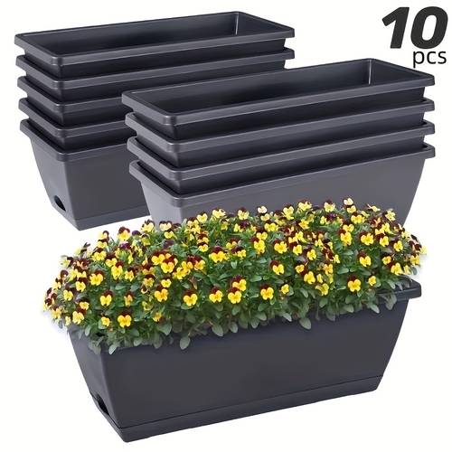 10 large square resin planters with drainage holes and trays durable lightweight indoor outdoor garden flower pots for vegetables flowers suitable for home balcony gardening black light gray garden planter planting tools
