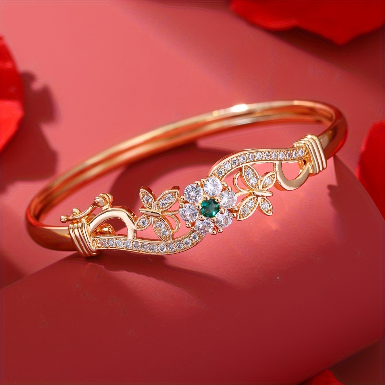 Golden Tone Butterfly Bangle Bracelet with Zirconia & Floral