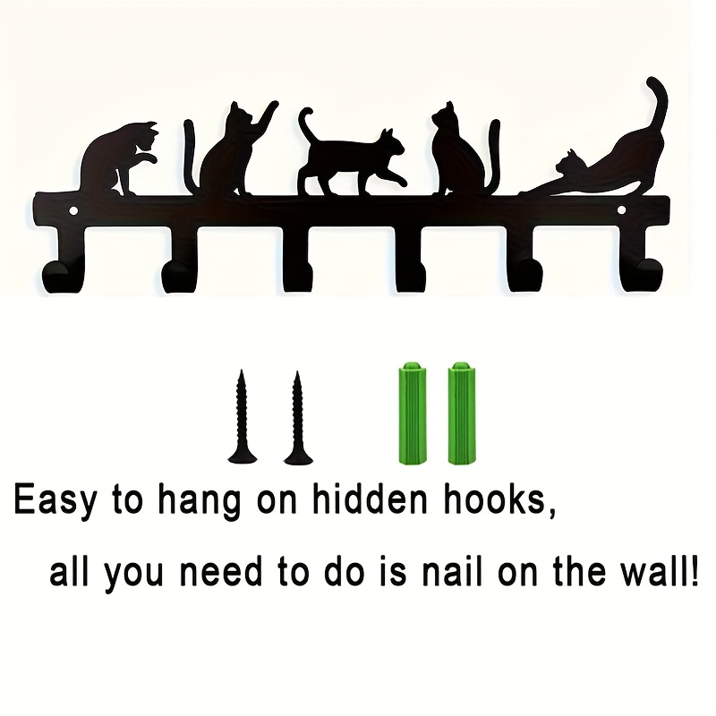TEMU 1 Cute Cat Shaped Hook - Sturdy Iron Construction With 6 Hooks, Space-saving Vertical Hanging Organizer For Bathroom, Kitchen, Entryway -