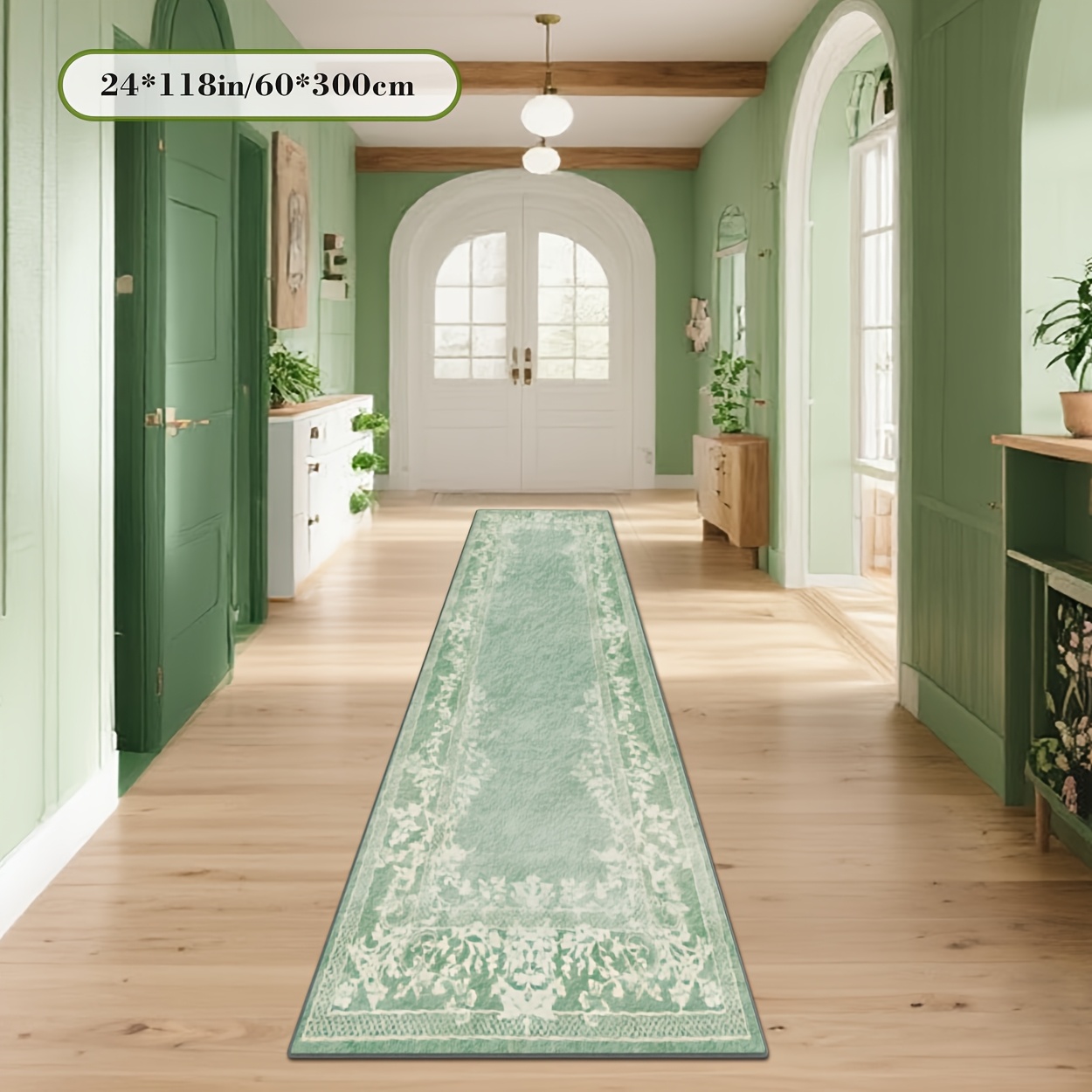 TEMU A Long Rectangular Rug Made Of Soft Plush With A Dotted Plastic Bottom, Featuring And White Floral Patterns. This 2d Printed Rug Is A Decor Item