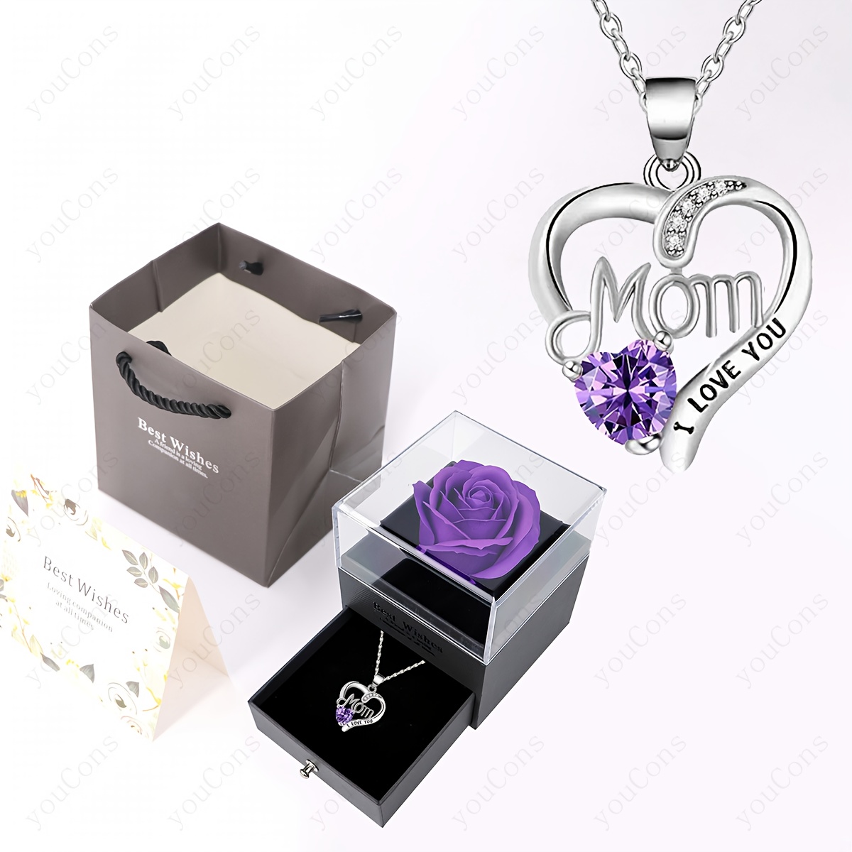 TEMU Elegant Purple Synthetic Synthetic Zirconia Necklace With A "mom" Heart-shaped Pendant, With A Deep Purple Rose Gift Box, Greeting Card, And 12