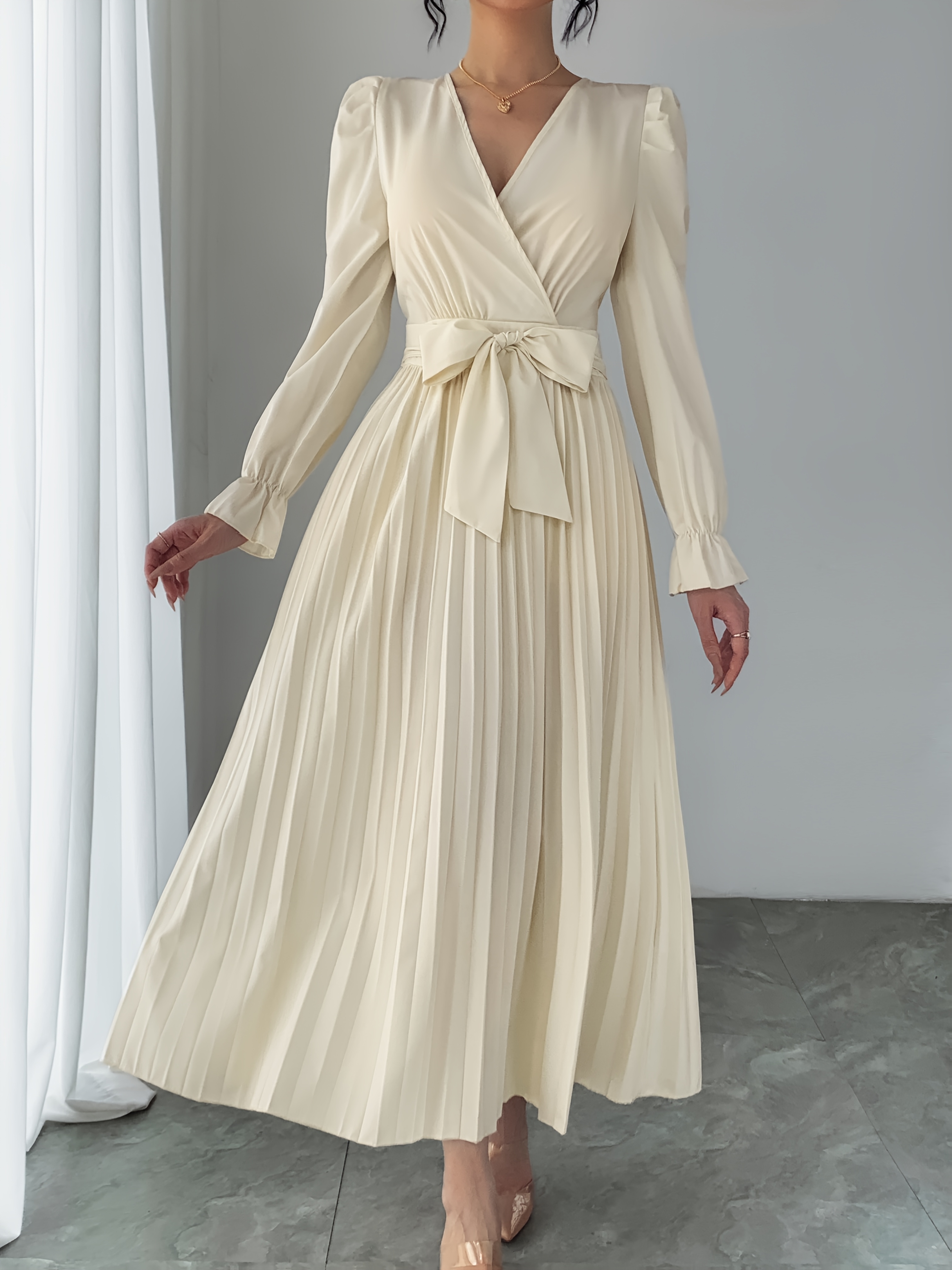 v neck tie belted leg sleeve pleated solid color women's Temu