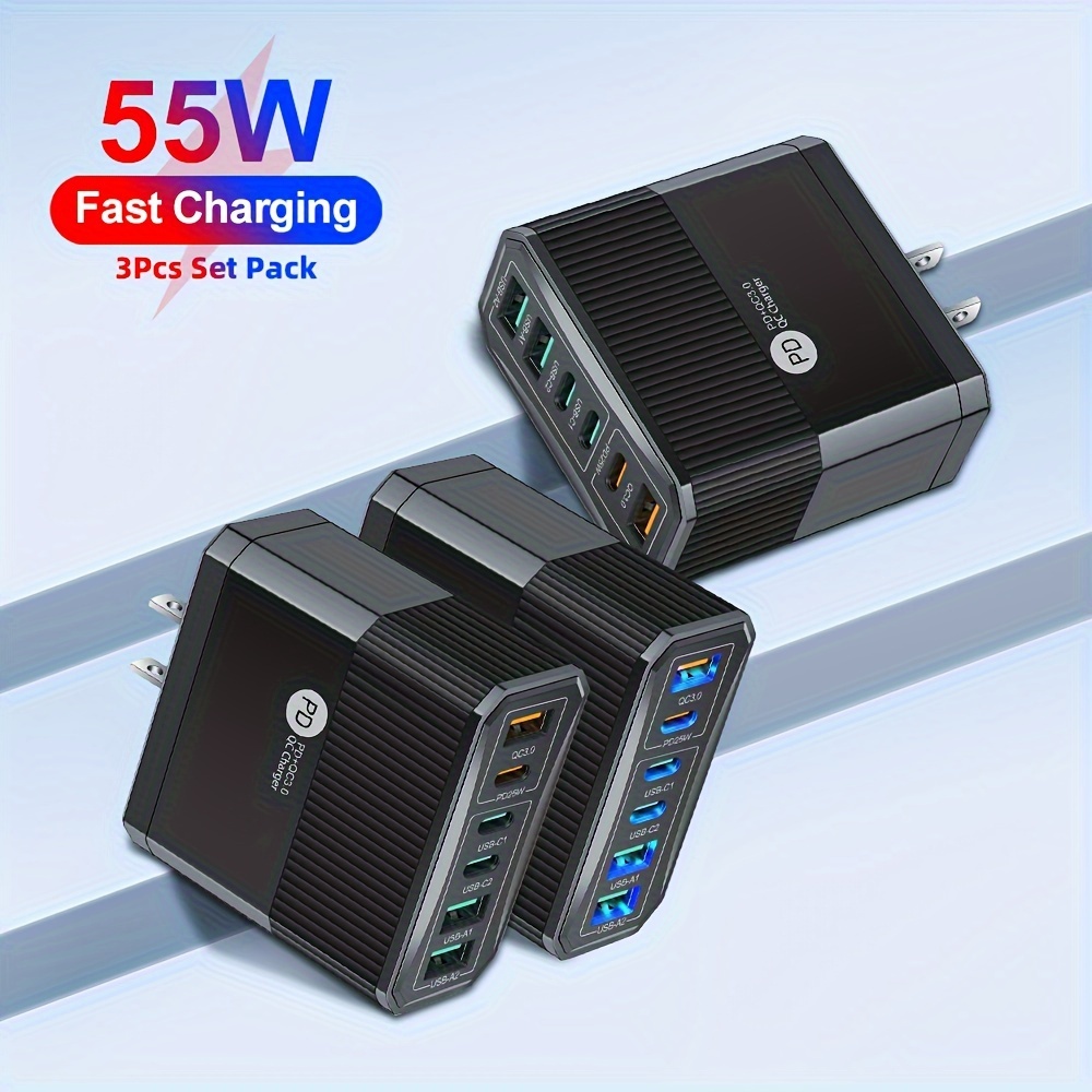 

3 Pcs 55w 3 Usb + 3 Pd Mobile Phone Fast Charging Adapter, 6 Ports Usb Type C Fast Charging Charger, Us Plug Portable Convenient Travel Charger Wall Charger