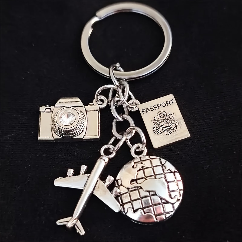 

1pc Travel-themed Silvery Zinc Alloy Keychain, Metal Keyring With Airplane, , Camera, And Passport Charms, For Bag And Car Key Decoration, Ideal Gift