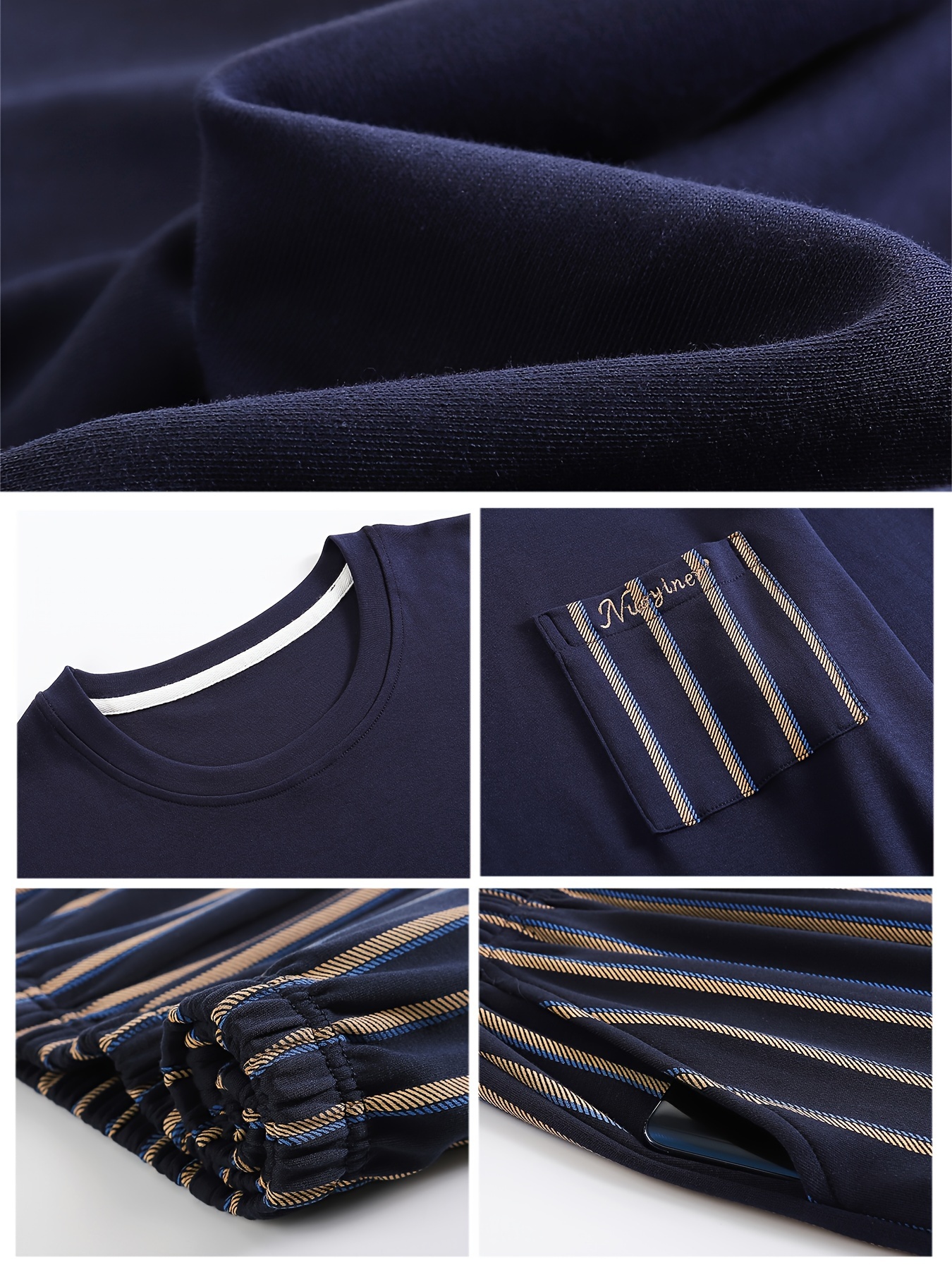 Men's Navy Blue Cotton Pajama Set - Long Sleeve, Crew Neck with Chest Pocket & Striped Elastic Waist Pants, Casual Comfortable Loungewear for Spring/Autumn, Plus Size Available, Plus Size Pajama Set