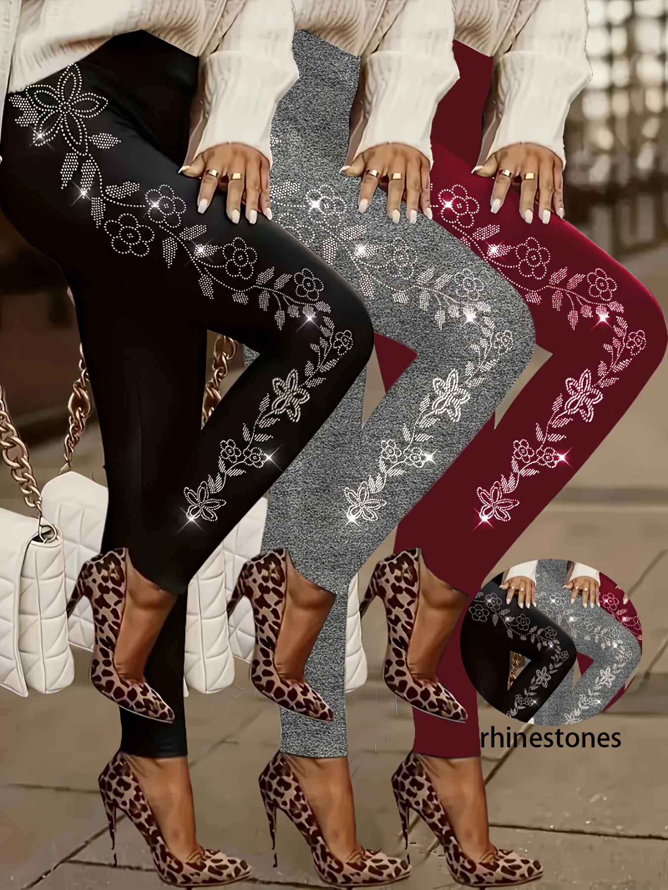 Plus Sze Full Length Leggngs Embellshed Rhnestone & Stud Fall Color Leaves Desgn One Leg
