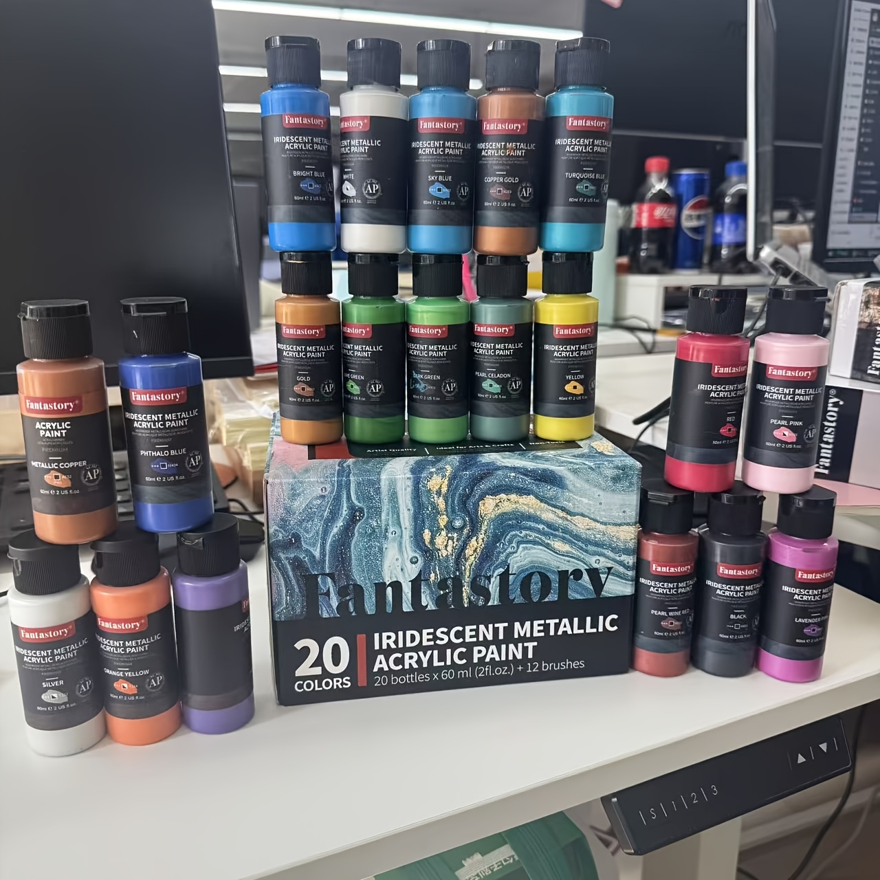 Image of Fantastory Metallic Iridescent Acrylic Paint Set With 10brushes 20x2oz Metallic Colors Color-shifting Craft Paint Kit Metal Canvas Ceramic Model Wood Painting Halloween Fall Decor.