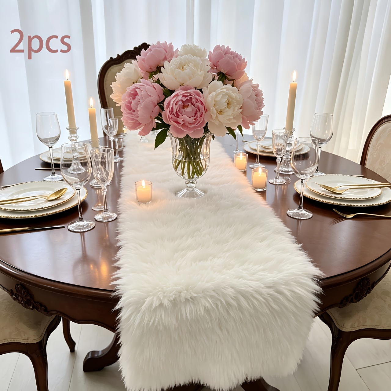 TEMU 2pcs 2pcs White Faux Fur Table Runner Suitable For Wedding Banquets, Thickened Plush Tablecloth With Rectangular Dining Decor, Soft Suitable For