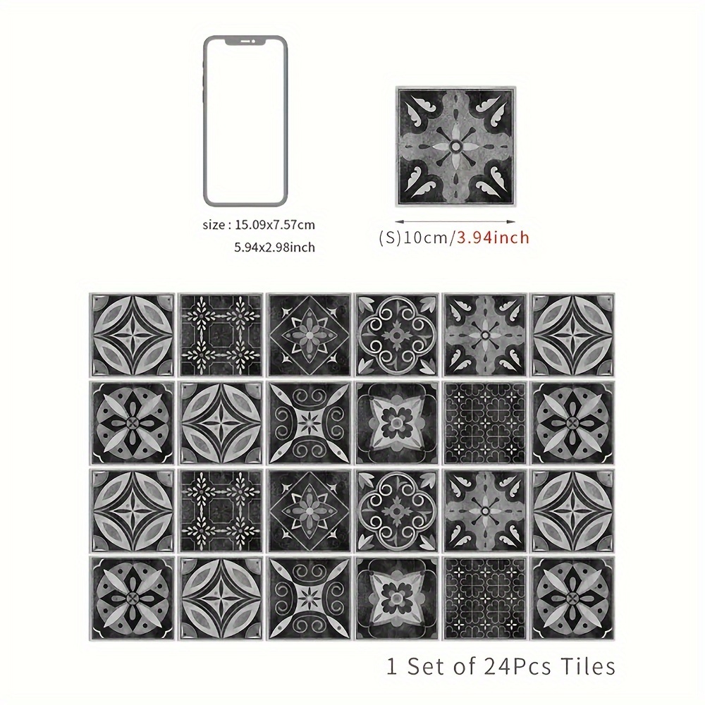24pcs 1 Set Decorative Stickers Porcelain Tiles Creative European Floral Pattern Bathroom Kitchen Tiles Waterproof Self-adhesive Removable Pvc Decorative Stickers