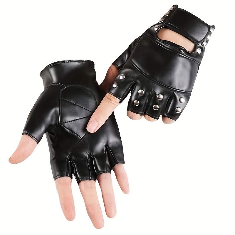 TEMU Gants de performance mi-doigts à clous style punk pour femme - Gants de motard à doigts apparents adaptés à la danse de scène, au hip-hop de