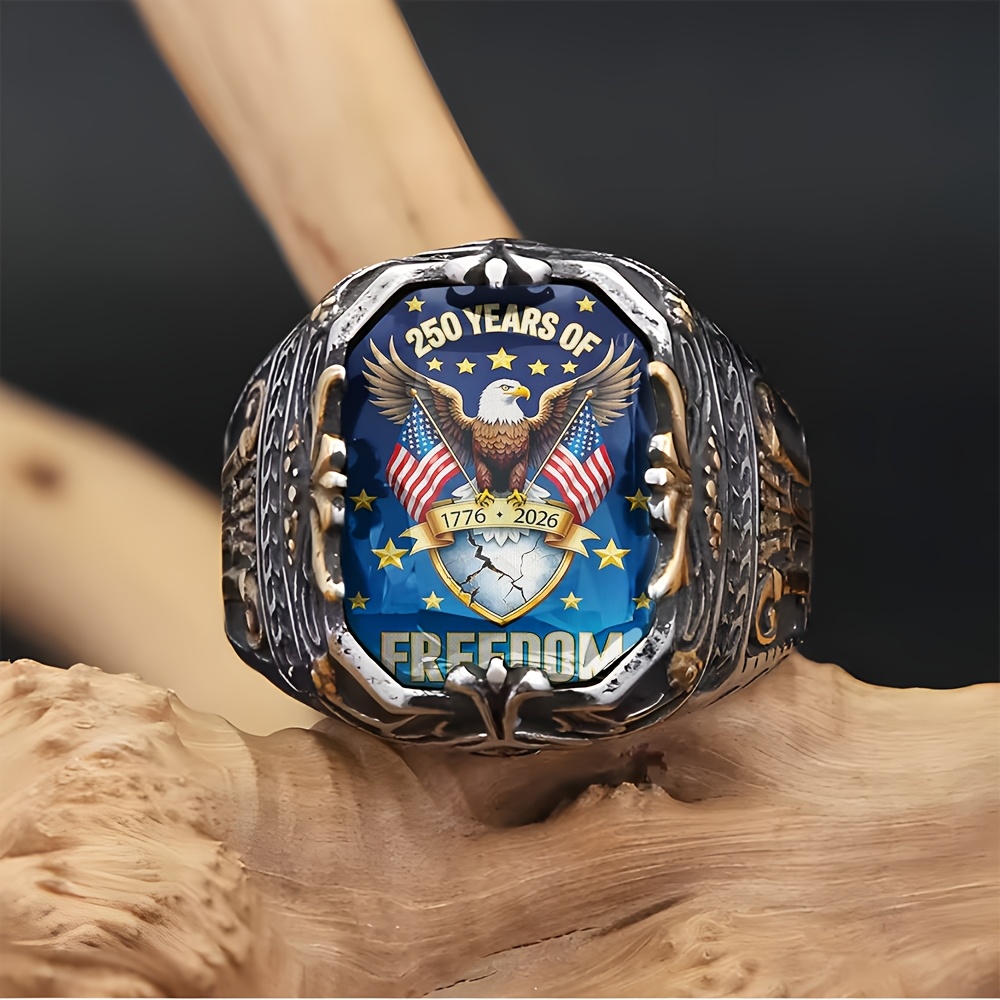 TEMU Men's Eagle Flag Shield 25th Anniversary Ring: Exquisitely Carved, Fashion Jewelry, Suitable For Casual Attire And Special Occasions