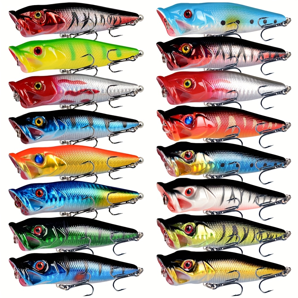 Image of 16pcs Lingyue Floating Popper Fishing Lures - Vibrant Mixed Colors, Durable Abs Hard Baits With Rattle For Sea Bass, Trout, Freshwater & Saltwater Fishing