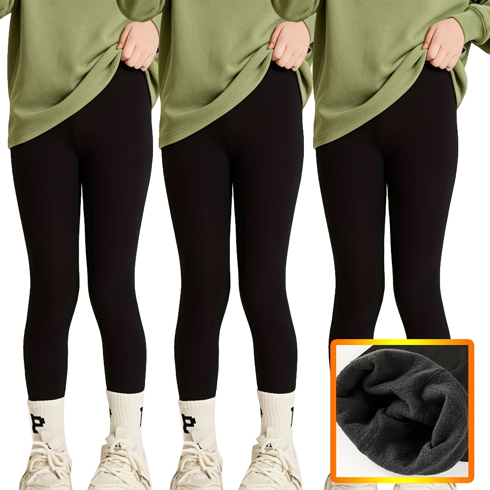 Image of 3-pair Set Of Spring/autumn/winter -lined Black 9-inch Cropped Leggings For Kids, Stretchy Warm Thin Unisex Tights, Versatile School Style