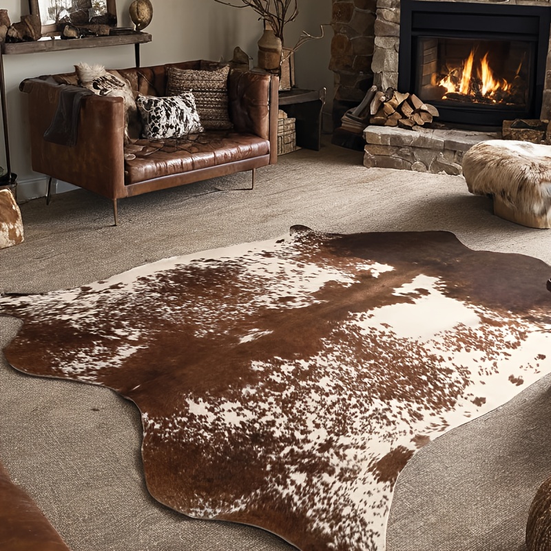 TEMU [ Product] Luxurious Faux Cowhide Rug, 4.6x5.2/5.2x6.2 Ft – Western Decor For Living Room And Bedroom, White And Brown Animal Print Floor Mat,