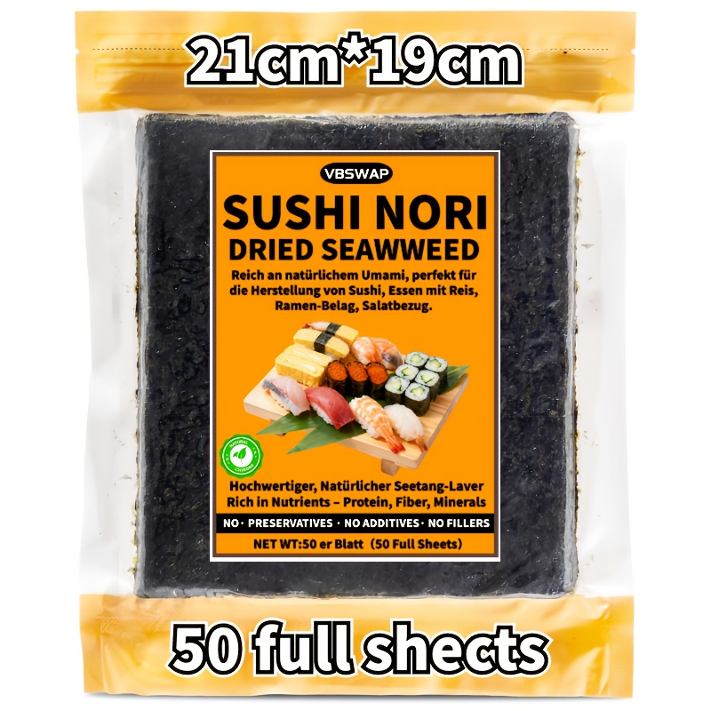 Image of 50 Sheets Sushi Nori Seaweed | Fresh & Crispy, High-quality, Lightly Toasted, Rich In Protein & Fiber, Low In Saturated Fat | Vbswap, Natural, Preservative-free, Paleo & Plant-based