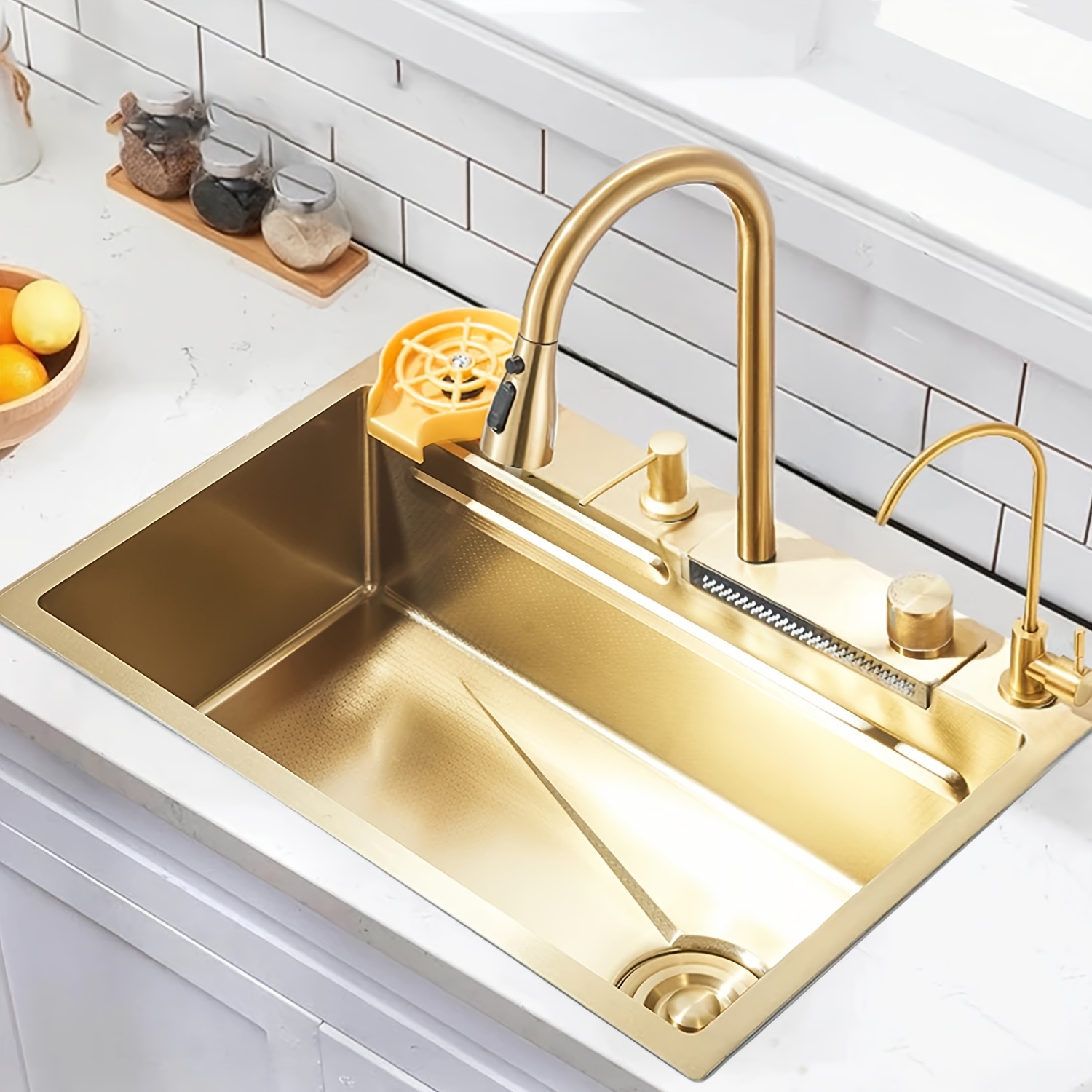 Image of Brushed Golden Waterfall Kitchen Sink - 68 X 46cm Single-bowl Sink Made Of Nano-stainless Steel, Featuring A Pull-down Faucet And Set Of Accessories For A Modern, Multifunctional Kitchen Workstation