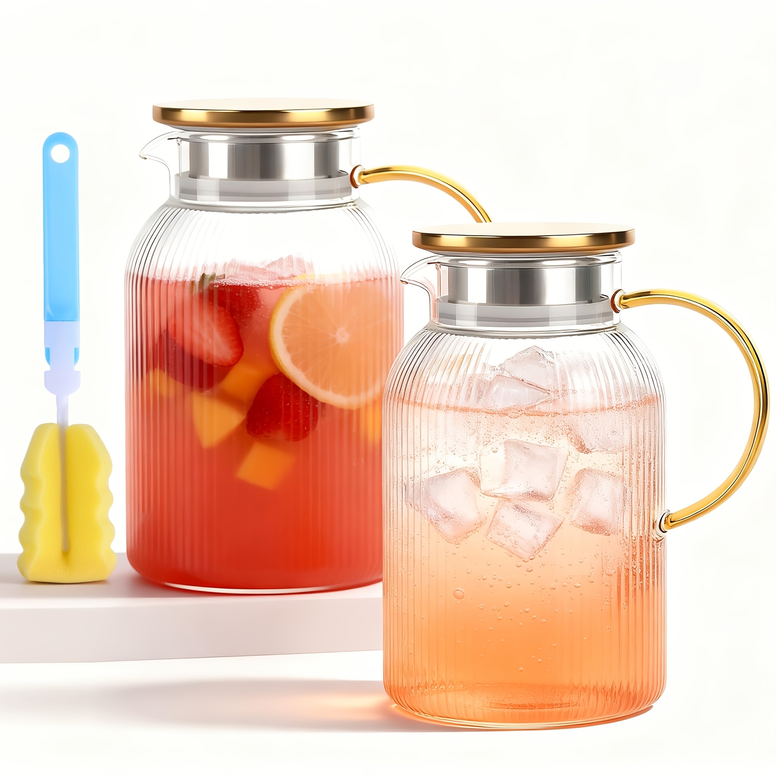 TEMU 2pcs Elegant Ribbed Glass Pitchers With Golden Handle, Large Capacity Water Carafe With Lid, And Brush, For Home, Kitchen, Party