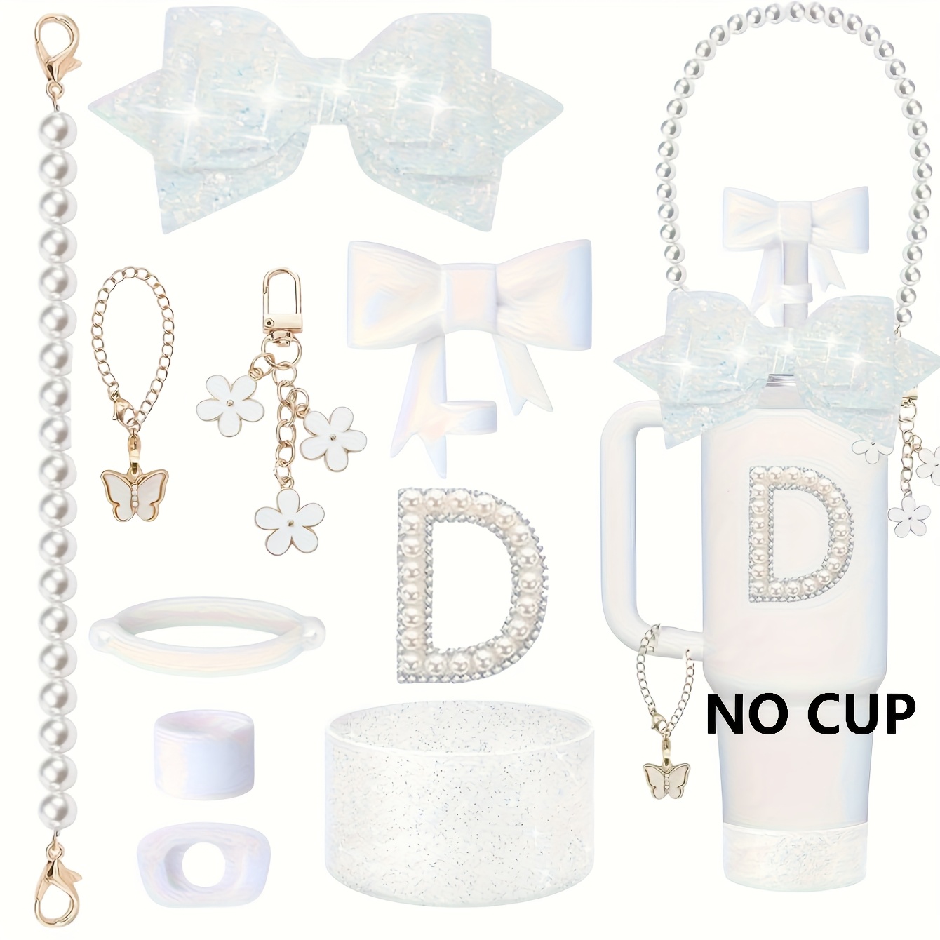 10pcs Tumbler Cup Accessory Set, Pearl Handle Strap, Initial Sticker, Flower Charm, Silicone Ring, Zinc Alloy Letter Charms, Straw Topper & Cover for 30oz/40oz Cups - Ideal for Valentine's, Women's, Thanksgiving, Christmas & New Year Gifts