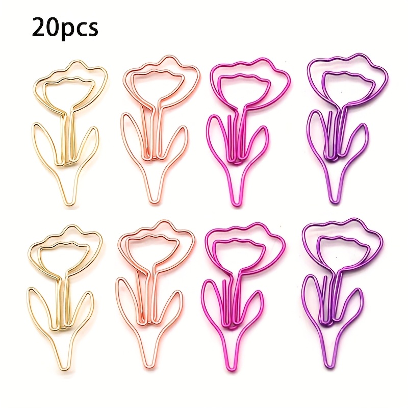 Image of 20pcs Of Metal Vertical Flower-shaped Paper Clips, Creative Colorful Flower Bookmarks, Unique Clips For Organizing Documents And Office Supplies