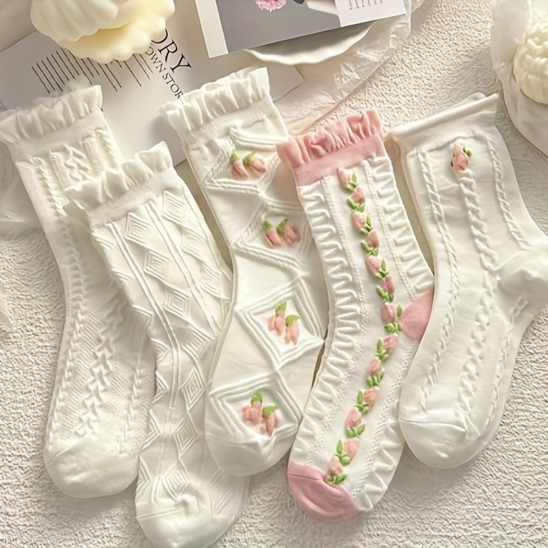 

10pcs Sweet Floral Ruffle Socks For Women, Cute Mid-calf Polyester Knit With Flower Patterns & Trim, Breathable Summer Wear, Cute Socks