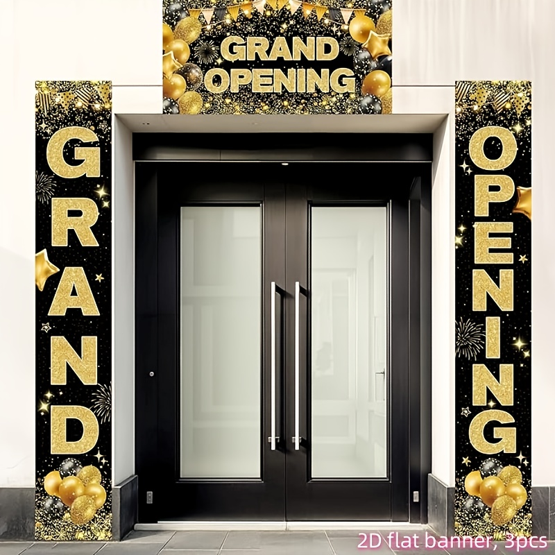 TEMU 2d Flat Banners, 3 Pieces. Grand Opening Banners. Black And Gold Large Opening Porch Sign, Sign Banners. Large Commercial Advertising Background