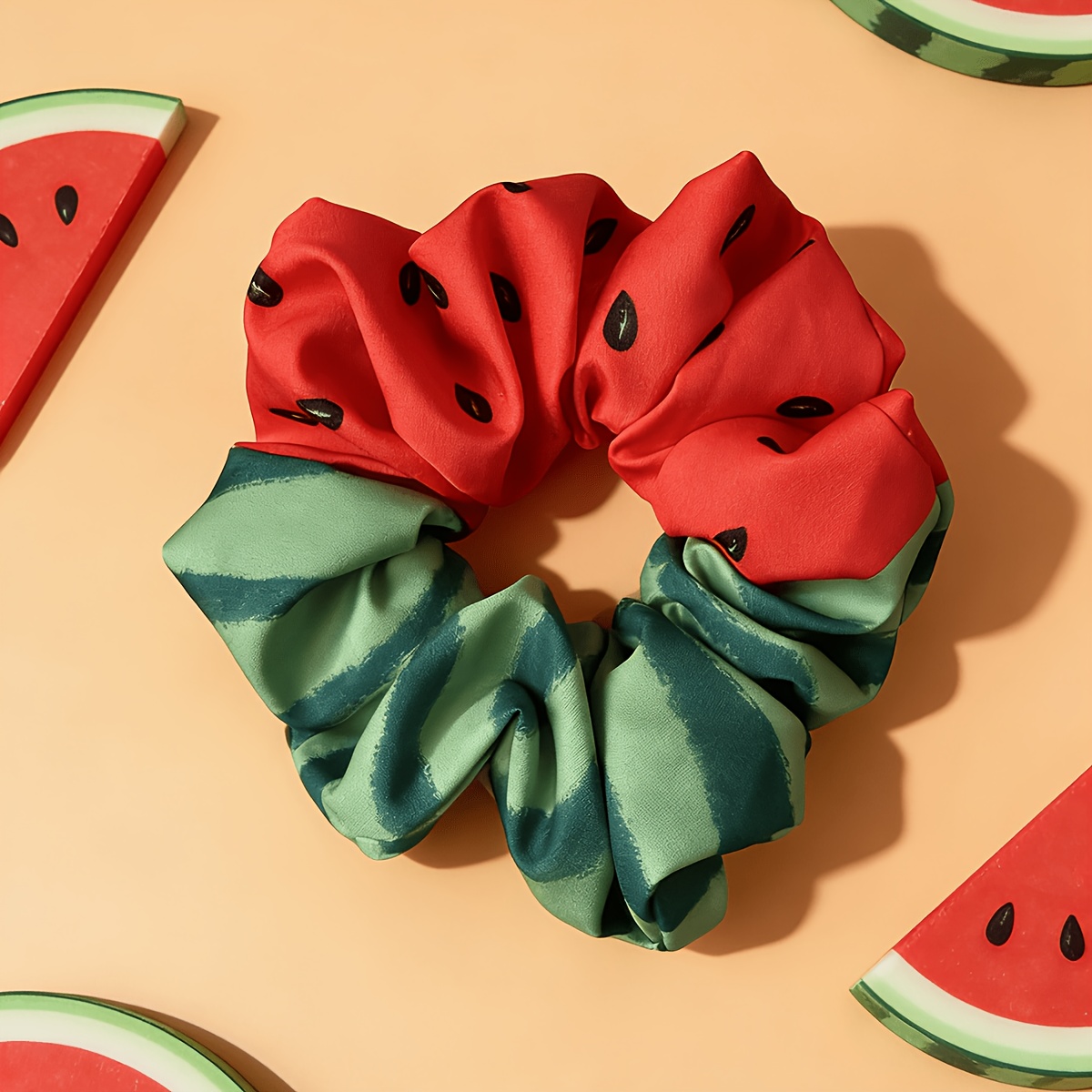 TEMU 1pc Large Watermelon Pattern Hair Tie, Sweet And Cute Fabric Hair Band, High-elasticity Bun Holder, Large Loop Hair Ring