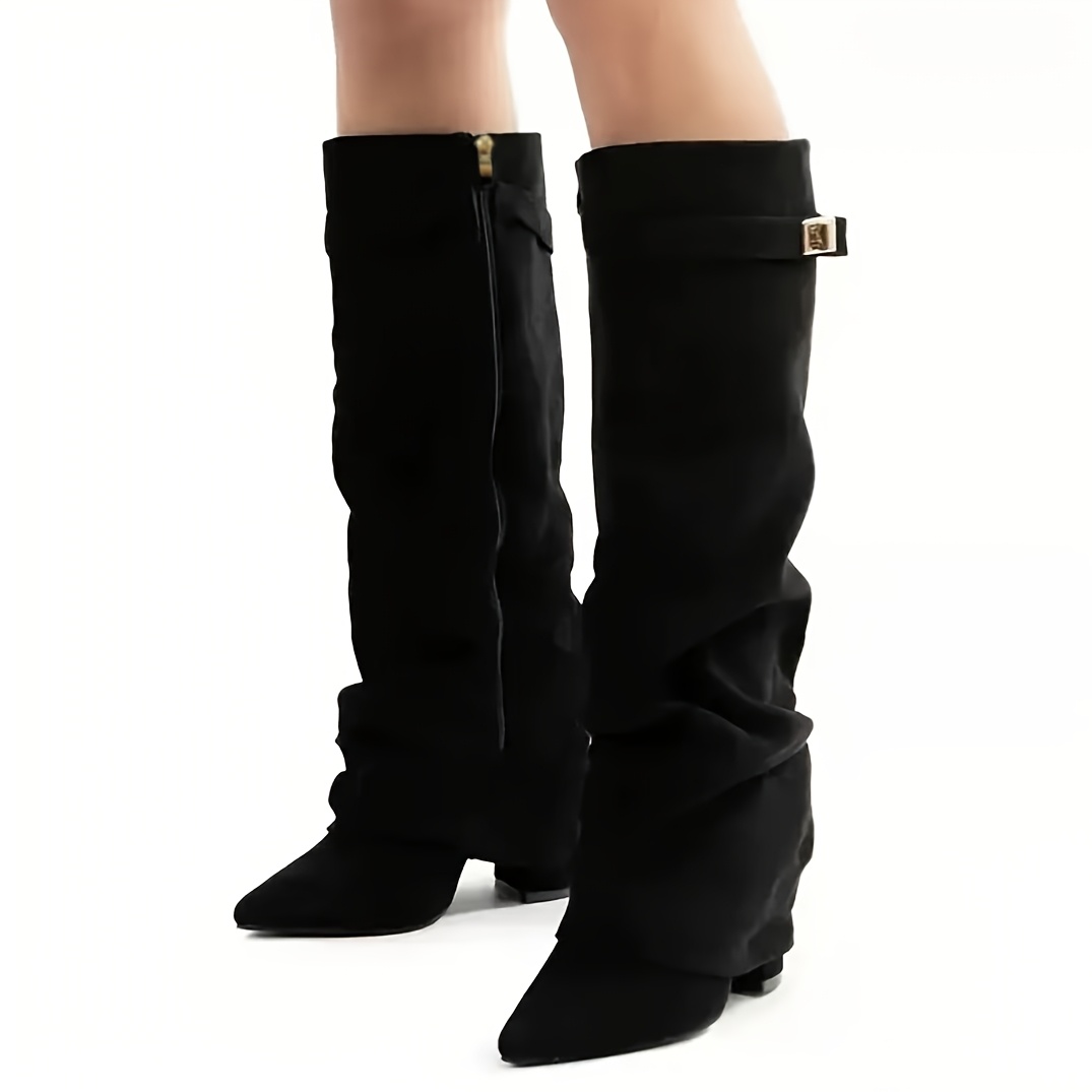 TEMU Western Retro Fringed Metal Ruched Stacked Long Boots Women's Pointed Toe Chunky Heel Side Zipper Over-the-knee Western Knight Boots Ruched