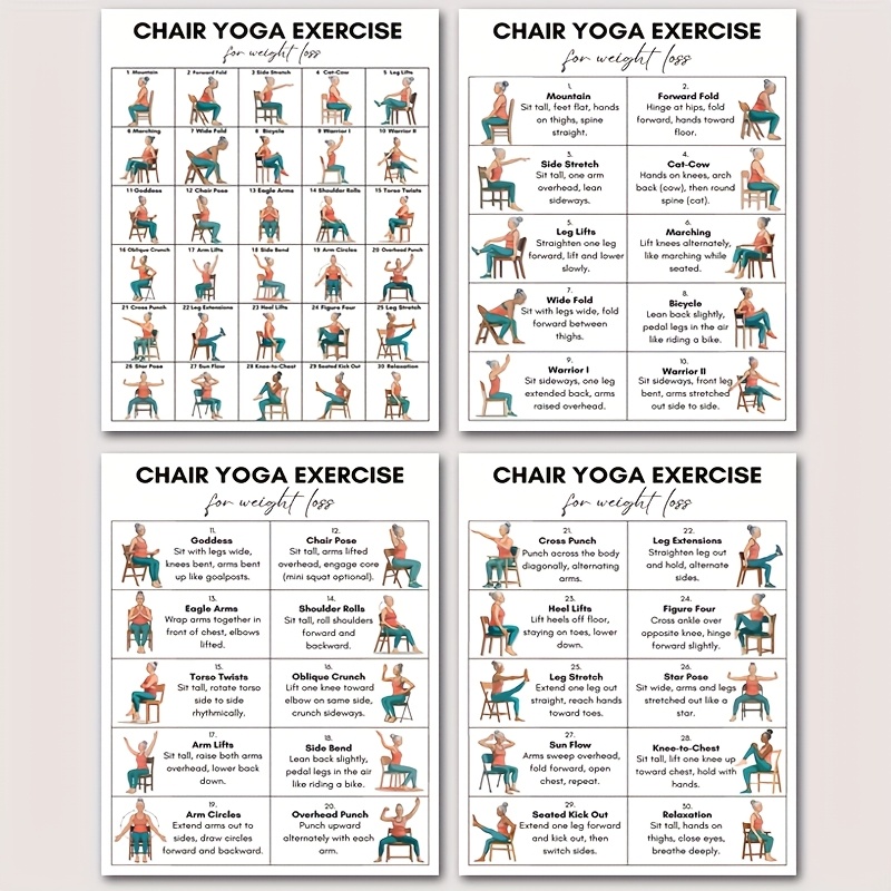 E-shop Vier Poster, geeignet für ältere Menschen zur Gewichtsreduzierung und Fitness, Stuhl-Yoga, eine 30-Tage-Trainingsplan-Anleitung,