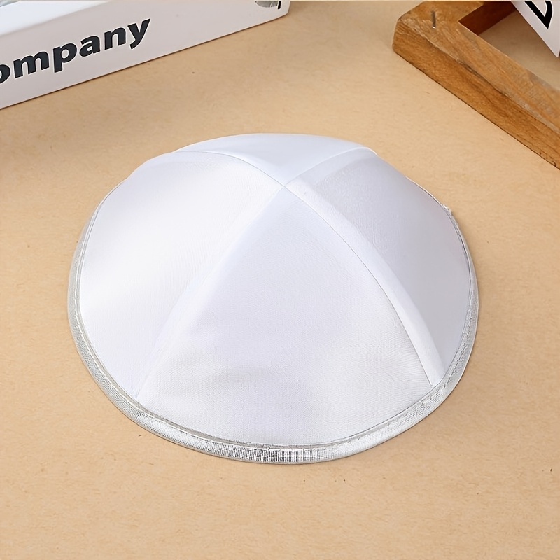 TEMU Men's Adult White Jewish Hat With Silvery Trim, Ethnic Small Round , Adult Kippah Hat, Yarmulke