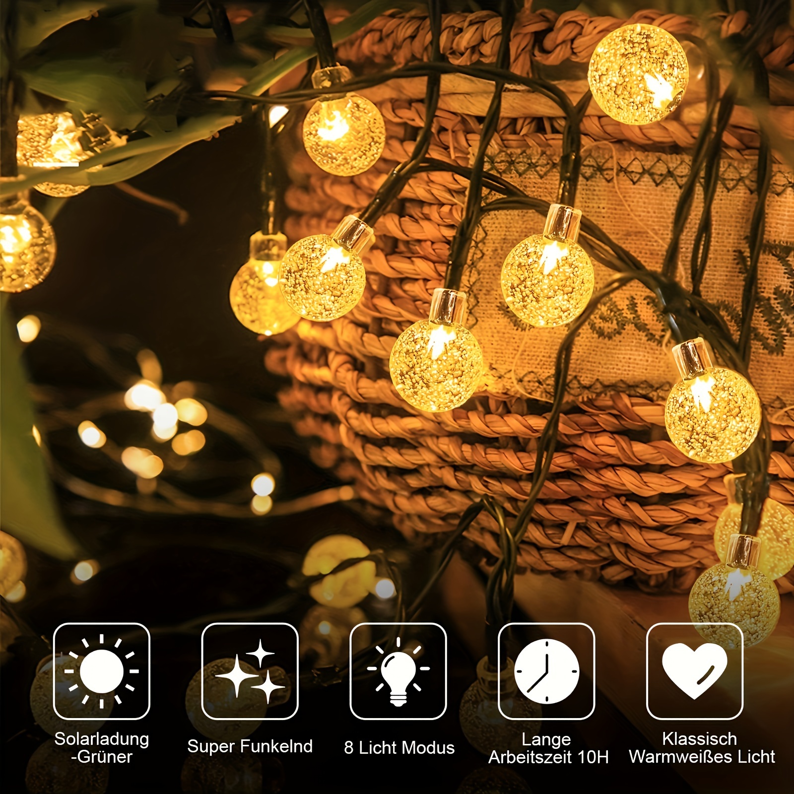 zonne-energie feelampjes met 8   - waterdichte buiten kristallen bol lichtslingers voor tuin, patio, balkon, bruiloft & kerstdecoratie - warm, wit, kleurrijk licht opties 3