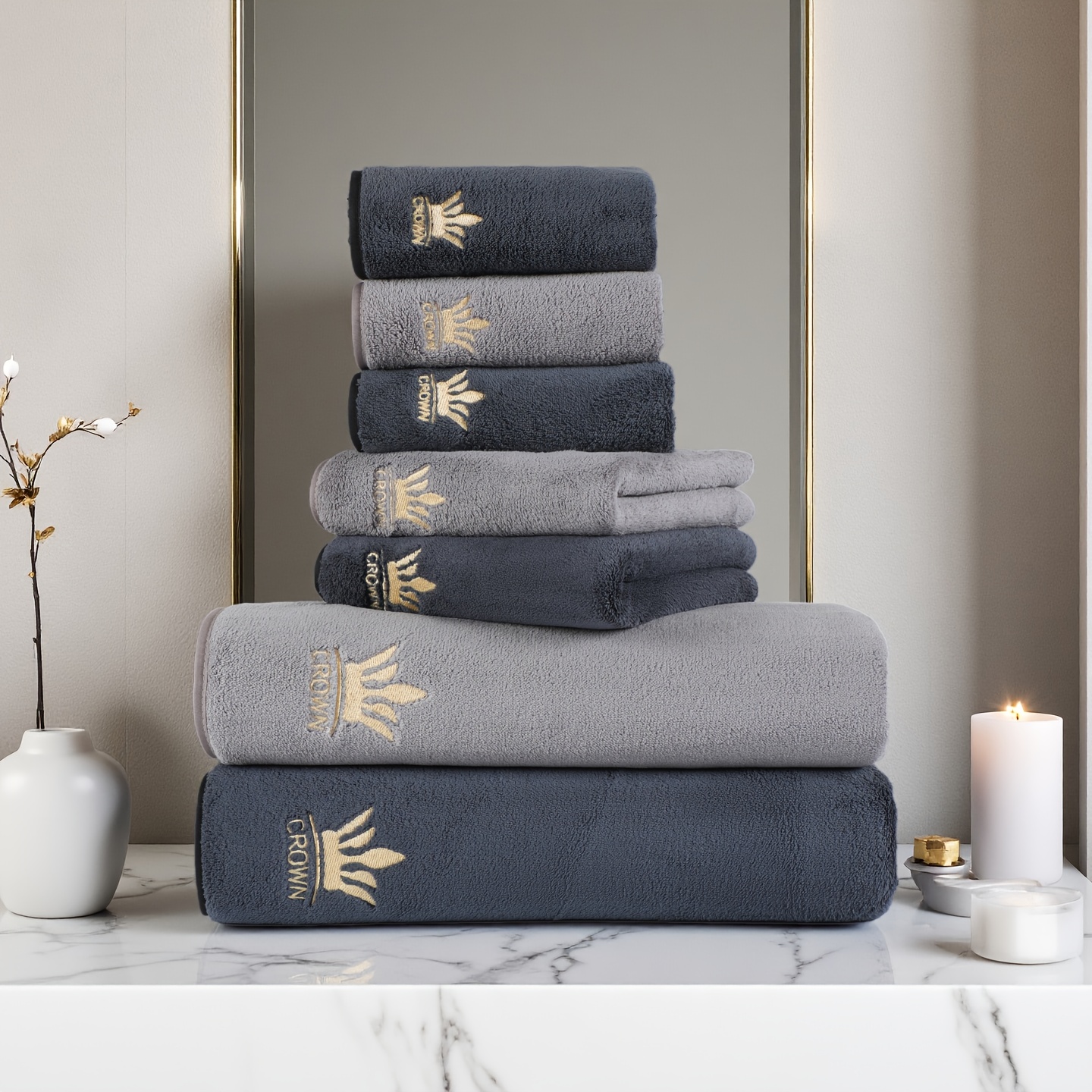 TEMU Ensemble de serviettes et serviettes de bain brodées de couleur unie 3/7 pièces, 1 serviette de bain 70*140Cm, 1 serviette pour 42*70Cm, 1 gant