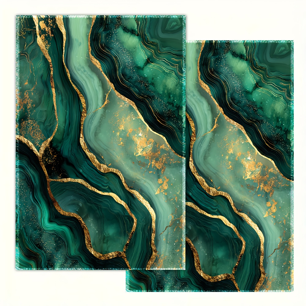 TEMU 2pcs Extra Large Emerald Green & Golden Malachite Kitchen Towels - Luxury Marble-like Dishcloths, Vintage Turkish-, Deep Teal & Golden Veins,