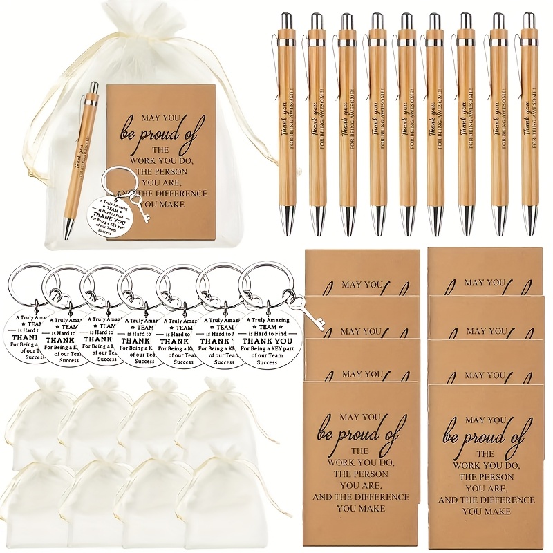 36pcs 9sets team gifts employee thank you gifts including 9 bamboo pens 9 pocket inspirational notebooks 9 motivational keychains and 9 bags suitable for office employees volunteers nurses teachers colleagues for team building and retirement gifts 0